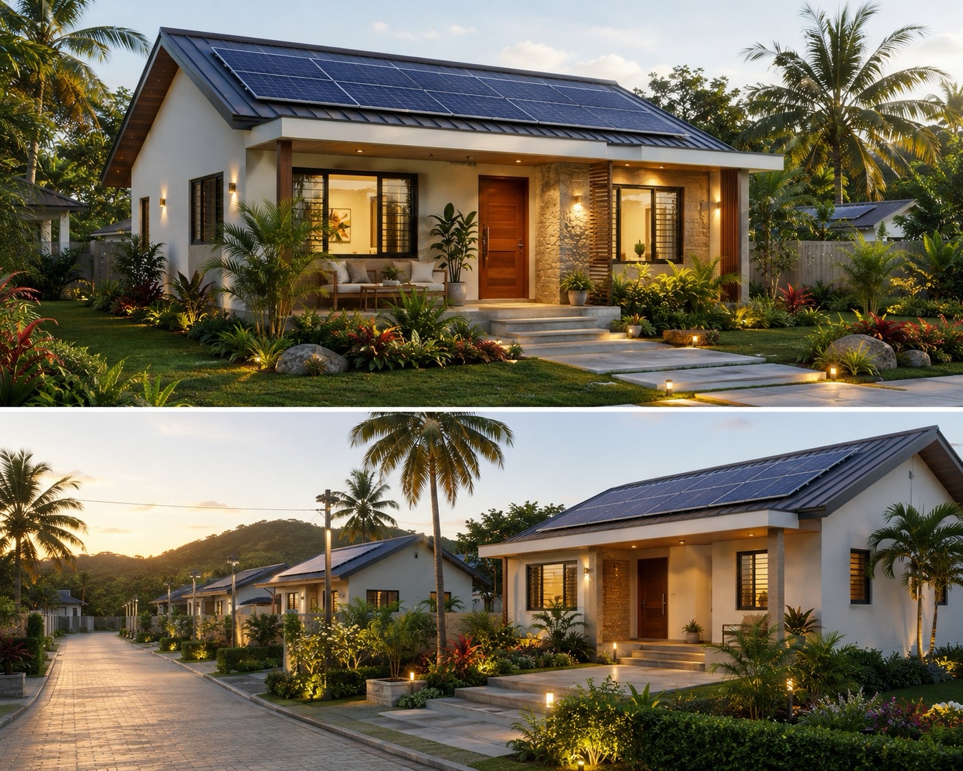 Two concept illustrations: a tropical single-storey home with rooftop solar panels and a landscaped street of similar homes.